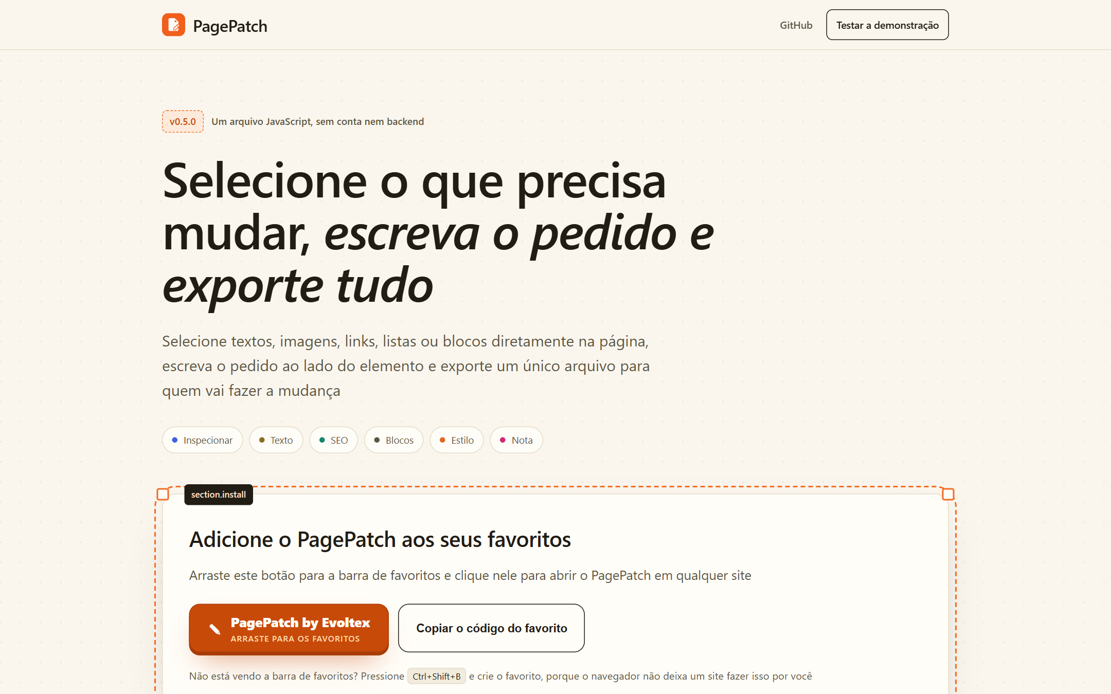 Interface do PagePatch com um bloco selecionado