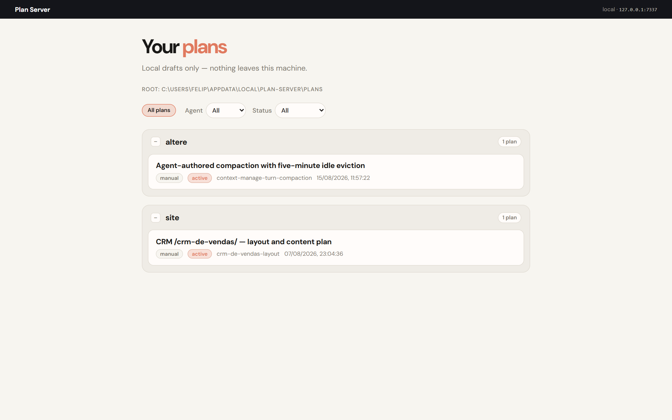 Painel local do Plan Server