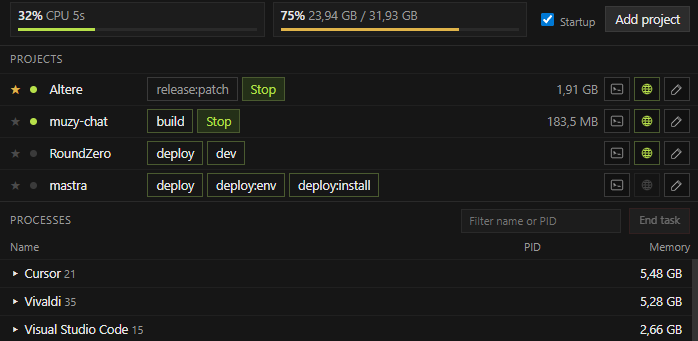 Dashboard do Vibe Manager com projetos e processos
